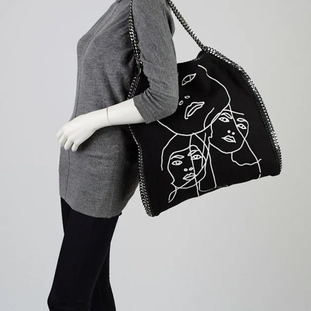 Stella McCartney Black Wool Embroidered Visage Falabella Tote Bag